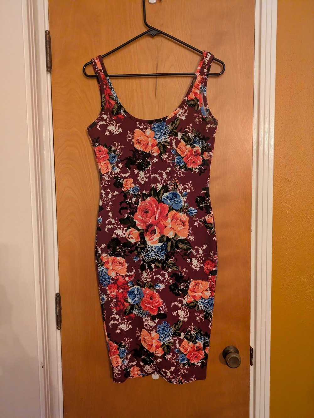 Rue21 Floral Bodycon Midi Dress - Burgundy with Multicolor Roses
